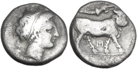 Greek Italy. Central and Southern Campania, Neapolis. AR Nomos, 300-275 BC. Obv. Head of nymph right; to left, Artemis holding two torches; [APTE belo...