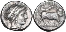 Greek Italy. Central and Southern Campania, Neapolis. AR Nomos, 320-300 BC. Obv. Head of nymph right; behind, eagle. Rev. Man-headed bull right; above...