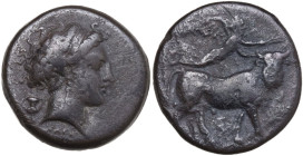 Greek Italy. Central and Southern Campania, Neapolis. AR Nomos, circa 300 BC. Obv. Head of nymph right; kantharos behind, XAPI below. Rev. Man-headed ...