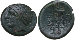 Greek Italy. Central and Southern Campania, Neapolis. AE 15 mm, 300-275 BC. Obv. Laureate male head left; behind, star. Rev. Tripod. HN Italy 583; HGC...
