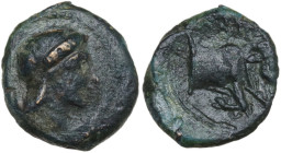 Greek Italy. Central and Southern Campania, Neapolis. AE 12 mm, 300-275 BC. Obv. Laureate head of Apollo right. Rev. Forepart of man-headed bull right...