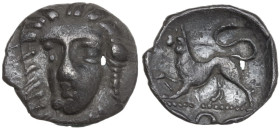 Greek Italy. Central and Southern Campania, Phistelia. AR Obol, 325-275 BC. Obv. Female head facing slightly left. Rev. Lion advancing left; in exergu...