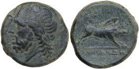 Greek Italy. Northern Apulia, Arpi. AE 22 mm, 325-275 BC. Obv. Head of Zeus left, laureate; behind, thunderbolt. Rev. Boar right; above, spear-head. H...