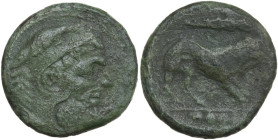 Greek Italy. Northern Apulia, Teate. AE Quadrunx, 225-200 BC. Obv. Head of Herakles right, bearded, wearing lion's skin. Rev. Lion right; above, club;...