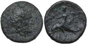 Greek Italy. Southern Apulia, Brundisium. AE Semuncia 217-212 BC. Obv. Laureate head of Poseidon right; behind, trident. Rev. Dolphin rider left, hold...