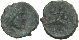 Greek Italy. Southern Apulia, Brundisium. AE Semis, Semuncial standard, 2nd century BC. Obv. Laureate head of Poseidon right; behind, Nike and trident...