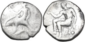 Greek Italy. Southern Apulia, Tarentum. AR Nomos, 470-425 BC. Obv. Phalanthos riding dolphin left, holding uncertain object; below, prawn. Rev. Oecist...