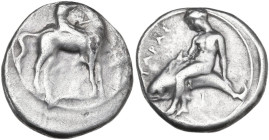 Greek Italy. Southern Apulia, Tarentum. AR Nomos, 385-380 BC. Obv. Nude youth on horse standing right, raising right hand to crown horse; to right, ca...