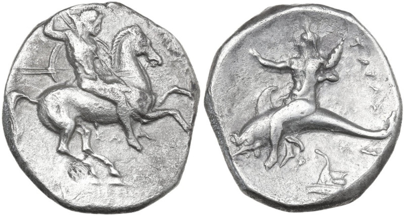 Greek Italy. Southern Apulia, Tarentum. AR Nomos, 332-302 BC. Obv. Horseman gall...
