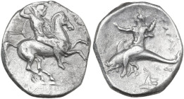 Greek Italy. Southern Apulia, Tarentum. AR Nomos, 332-302 BC. Obv. Horseman galloping right, spearing downwards. Rev. Phalanthos riding on dolphin lef...