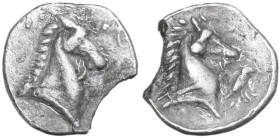 Greek Italy. Southern Apulia, Tarentum. AR Tetartemorion, 325-280 BC. Obv. Head of horse right. Rev. Head of horse right; to right, bird. HN Italy 981...