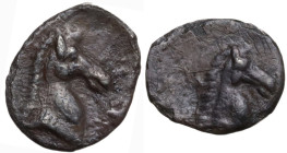 Greek Italy. Southern Apulia, Tarentum. AR Tetartemorion, 325-280 BC. Obv. Head free horse right; before, symbol/letter?. Rev. Head of free horse righ...