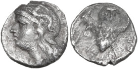 Greek Italy. Southern Apulia, Tarentum. AR Drachm, 280-272 BC. Obv. Head of Athena left, wearing helmet decorated with Scylla. Rev. Owl standing on th...