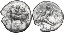 Greek Italy. Southern Apulia, Tarentum. AR Nomos, c. 272-240 BC. Obv. Youth on horseback left, placing wreath on horse's head; ΦΙΛΩ/ΤΑΣ in two lines b...