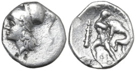 Greek Italy. Southern Apulia, Tarentum. AR Diobol, 280-228 BC. Obv. Head of Athena left, wearing Corinthian helmet. Rev. Herakles striding left, upper...