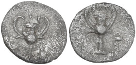 Greek Italy. Southern Apulia, Tarentum. AR Obol, c. 280-228 BC. Obv. Kantharos; around, three pellets. Rev. Kantharos; to right, tripod. HN Italy 1076...