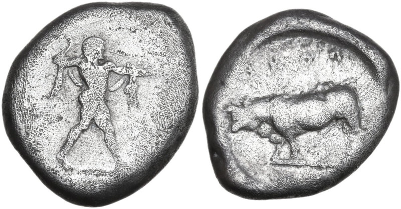 Greek Italy. Lucania, Poseidonia-Paestum. AR Nomos, c. 470-445 BC. Obv. ΠOMEΣ. P...