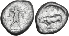 Greek Italy. Lucania, Poseidonia-Paestum. AR Nomos, c. 470-445 BC. Obv. ΠOMEΣ. Poseidon standing right, drapery hanging over shoulders, preparing to c...