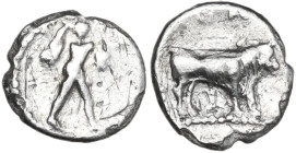 Greek Italy. Lucania, Poseidonia-Paestum. AR Obol, 410-350 BC. Obv. Poseidon striding right, brandishing trident, cloak hanging from shoulders. Rev. B...