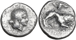 Greek Italy. Northern Lucania, Velia. AR Didrachm, 400-340 BC. Obv. Head of nymph right. Rev. Lion at bay right; above, owl flying. HN Italy 1277; HGC...