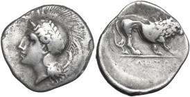 Greek Italy. Northern Lucania, Velia. AR Didrachm, period VI, Kleudoros Group, c. 334-300 BC. Obv. Head of Athena left wearing Attic helmet decorated ...