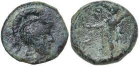Greek Italy. Southern Lucania, Heraclea. AE 12 mm, 280-150 BC. Obv. Head of Athena right, wearing helmet decorated with wreath. Rev. Herakles standing...