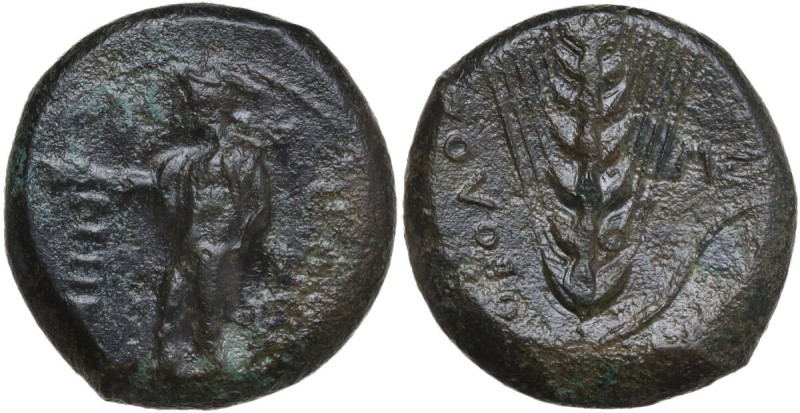 Greek Italy. Southern Lucania, Metapontum. AE Obol, c. 440-430 BC. Obv. Hermes s...