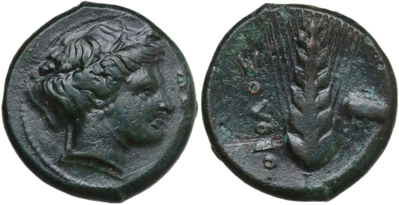 Greek Italy. Southern Lucania, Metapontum. AE Obol, 400-340 BC. Obv. Head of Dem...
