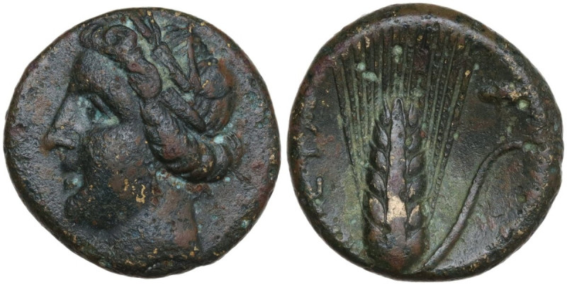 Greek Italy. Southern Lucania, Metapontum. AE 14 mm, c. 300-250. Obv. Head of De...