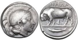 Greek Italy. Southern Lucania, Thurium. AR Didrachm, 443-400 BC. Obv. Head of Athena wearing helmet decorated with wreath; above, Φ. Rev. Bull left; b...