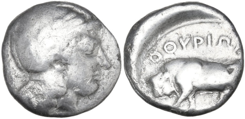 Greek Italy. Southern Lucania, Thurium. AR Didrachm, c. 443-400 BC. Obv. Helmete...