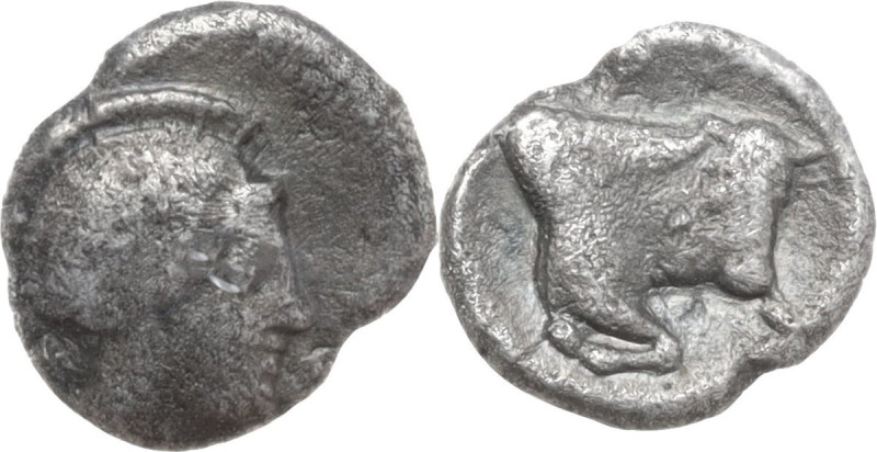 Greek Italy. Southern Lucania, Thurium. AR Obol, c. 443-400 BC. Obv. Helmeted he...