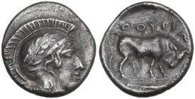 Greek Italy. Southern Lucania, Thurium. AR Diobol, c. 443-400 BC. Obv. Head of Athena right, wearing laureate Attic helmet. Rev. ΘΟΥΡΙΩN. Bull right, ...