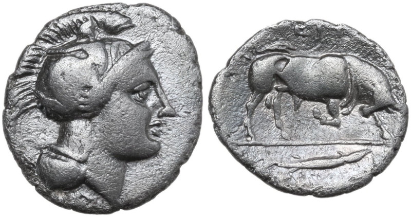 Greek Italy. Southern Lucania, Thurium. AR Triobol, 410-400 BC. Obv. Head of Ath...