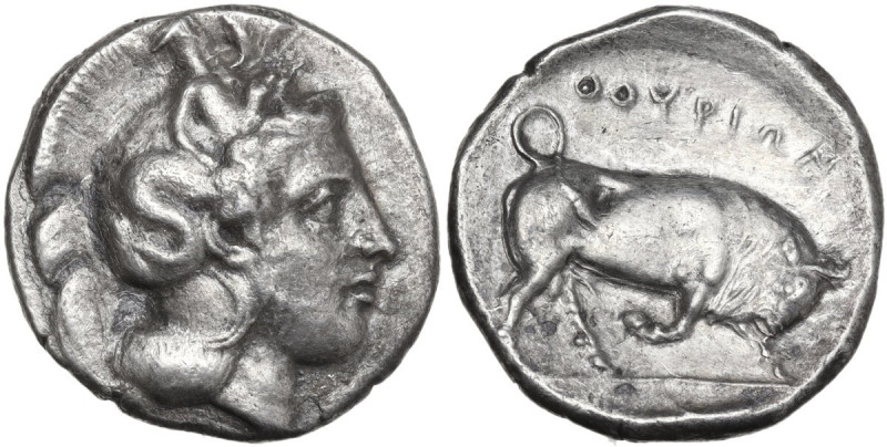 Greek Italy. Southern Lucania, Thurium. AR Stater, 350-300 BC. Obv. Head of Athe...