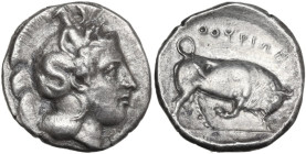 Greek Italy. Southern Lucania, Thurium. AR Stater, 350-300 BC. Obv. Head of Athena right, wearing crested Attic helmet decorated with Scylla holding t...