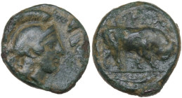 Greek Italy. Southern Lucania, Thurium. AE 16 mm, 435-405 BC. Obv. Head of Athena right, wearing helmet decorated with wreath. Rev. Bull butting right...