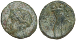 Greek Italy. Southern Lucania, Thurium. AE, c. 280-213 BC. Obv. Laureate head of Apollo left; monogram behind neck. Rev. ΘΟΥ. Cornucopiae; ΣΩ to left,...
