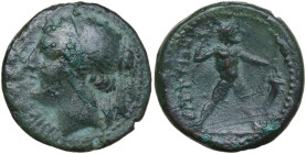 Greek Italy. Bruttium, The Brettii. AE Half Unit, 214-211 BC. Obv. Head of Nike left; behind, ear of grain. Rev. Zeus striding right, brandishing thun...