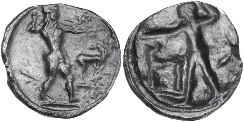 Greek Italy. Bruttium, Kaulonia. AR Stater, 475-470 BC. Obv. Apollo striding rig...