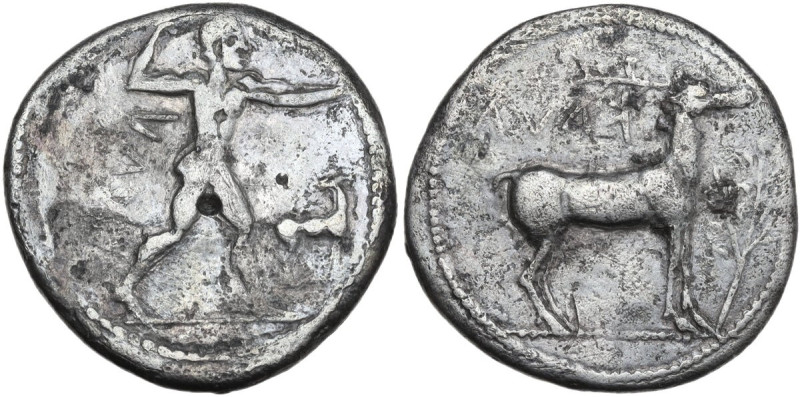 Greek Italy. Bruttium, Kaulonia. Fourreè Stater, c. 475-425 BC. Obv. Apollo, nud...
