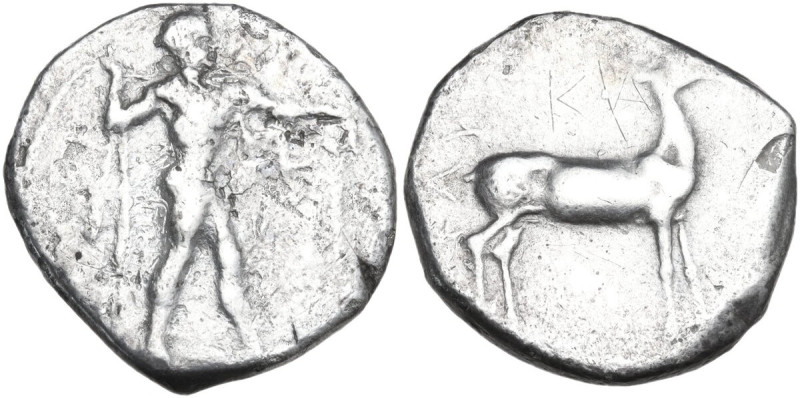Greek Italy. Bruttium, Kaulonia. AR Stater, 400-388 BC. Obv. Apollo striding rig...
