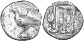 Greek Italy. Bruttium, Kroton. Fourreè Stater, 425-350 BC. Obv. QPOT. Eagle standing left on Ionic capital. Rev. Tripod with legs terminating in lion'...