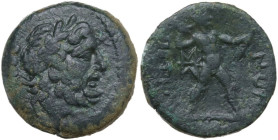 Greek Italy. Bruttium, Petelia. AE Quadrans, 104-200 BC. Obv. Laureate head of Zeus right. Rev. Zeus striding right, hurling thunderbolt and sceptre; ...