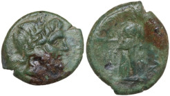 Greek Italy. Bruttium, Rhegion. AE Trichalkon, 211-200 BC. Obv. Laureate head of Asklepios right. Rev. Hygieia standing left, feeding serpent hold in ...