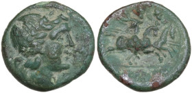 Greek Italy. Bruttium, Rhegion. AE 14 mm, c. 215-150 BC. Obv. Laureate head of Zeus right; behind, XII (mark of value). Rev. The Dioscuri, each holdin...