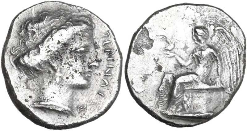 Greek Italy. Bruttium, Terina. AR Stater, 400-356 BC. Obv. Head of nymph right. ...