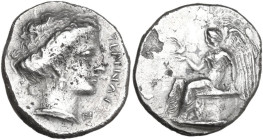 Greek Italy. Bruttium, Terina. AR Stater, 400-356 BC. Obv. Head of nymph right. Rev. Nike seated left on cippus, holding bird. HN Italy 2629; HGC 1 17...