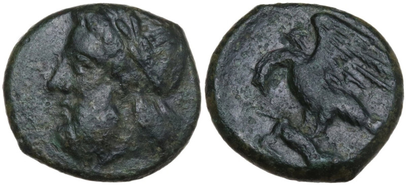 Sicily. Akragas. AE 16 mm, 338-287 BC. Obv. Laureate head of Zeus left. Rev. Eag...