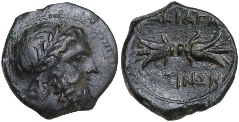 Sicily. Akragas. AE 14 mm, after 210 BC. Obv. Laureate head of Zeus right. Rev. ...